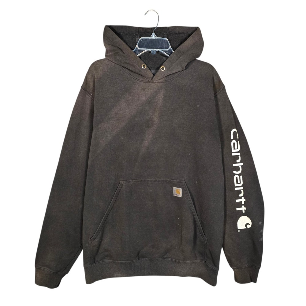 Carhartt Hoodie Mens Large K288 Sleeve Logo Black Distressed Midweight Grunge